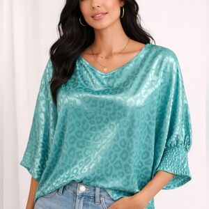 ODDY Turquoise Leopard Print Blouse NWOT